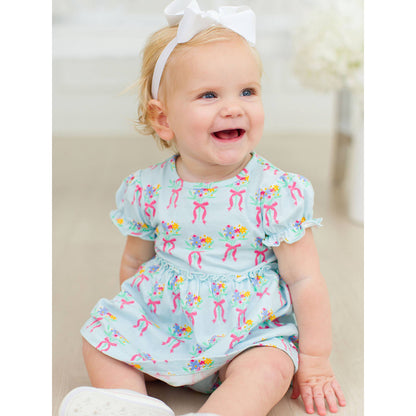 Baby Girls Bows and Bouquets Knit Puff Sleeve Skirted Romper