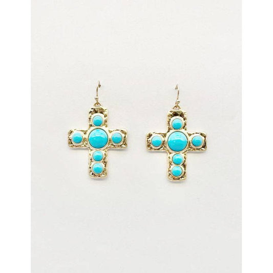 Cross-shaped earrings with turquoise stones on a white background