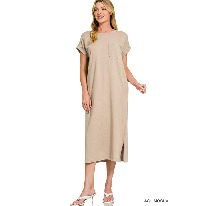 Round Neck Short Sleeve Midi Dress w/ Pockets
