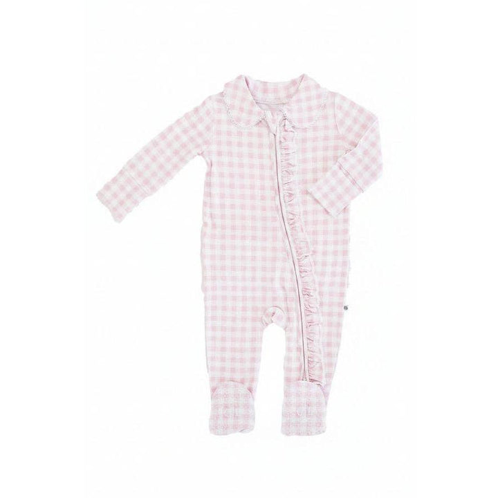 Peter Pan Collar Ruffle Zipper Footie | Rosy Gingham