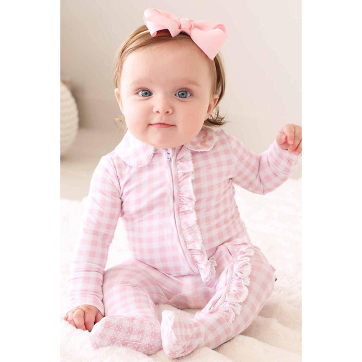 Peter Pan Collar Ruffle Zipper Footie | Rosy Gingham