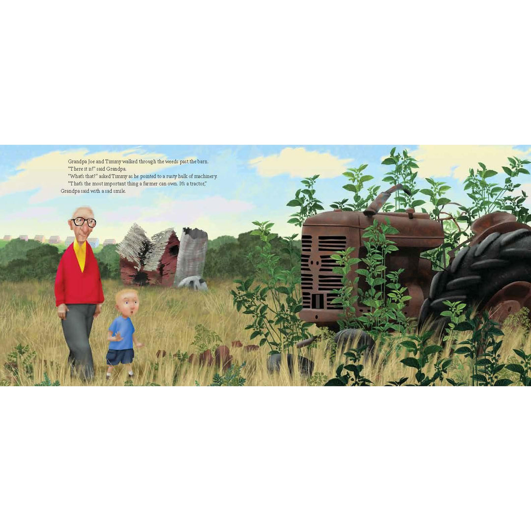 An interior spread showing the contrast between the vibrant memories of the farm and the rusting tractor in the present day.
