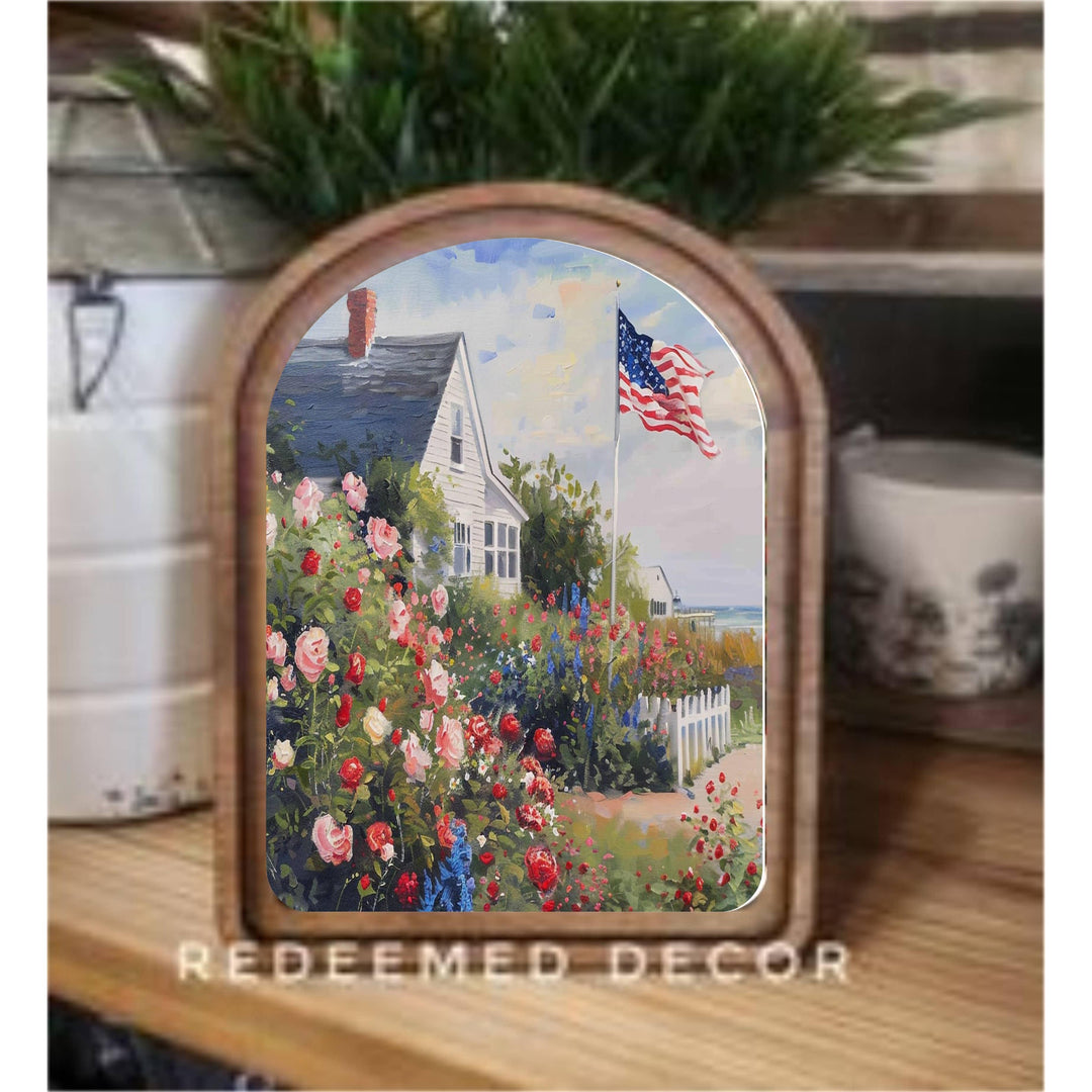 Arch Top Patriotic Beach House Framed Art