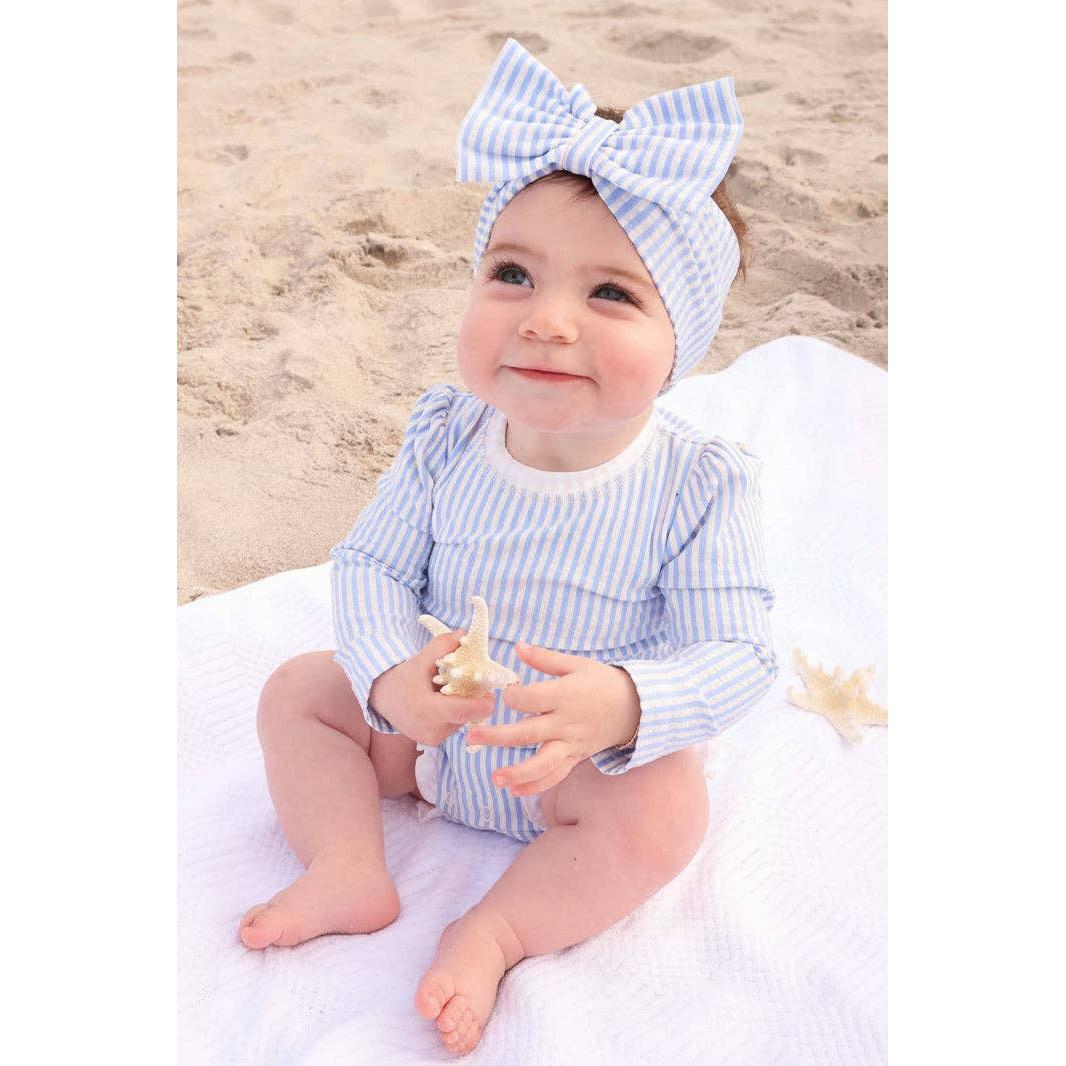 Long Sleeve Rash Guard With Ruffle Bottom | Seersucker Blue Wholesale