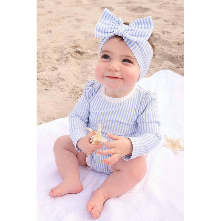 Long Sleeve Rash Guard With Ruffle Bottom | Seersucker Blue Wholesale