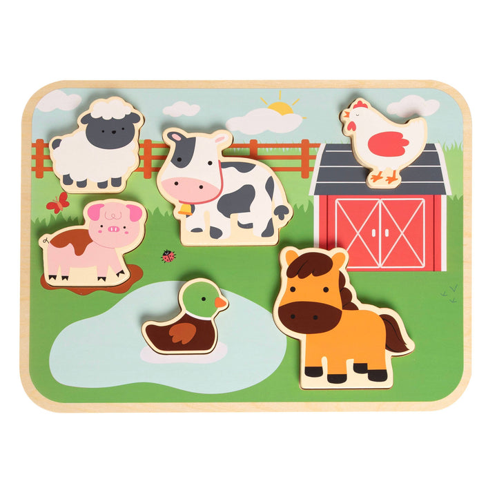 Pearhead wooden barn animal 6-piece farm sounds puzzle for toddlers