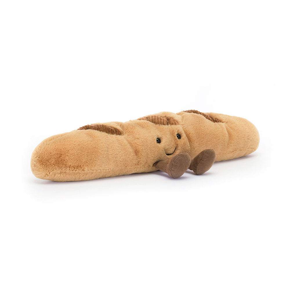 Jellycat Amuseables Baguette plush toy with a smiley face and brown corduroy legs.