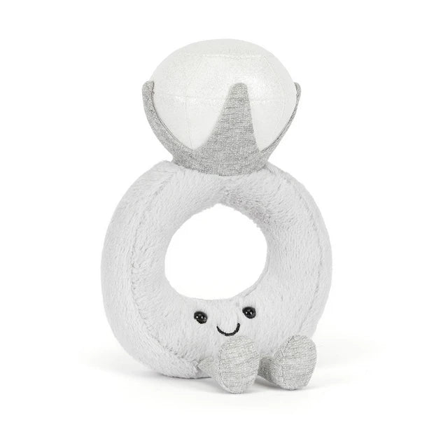 Jellycat Amuseables Diamond Ring plush; large soft silver ring with a white plush diamond and brown corduroy feet.