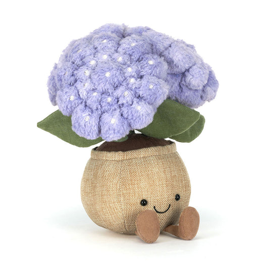 ellycat Amuseables Hydrangea plush featuring purple flower petals in a tan suedey pot with corduroy legs.
