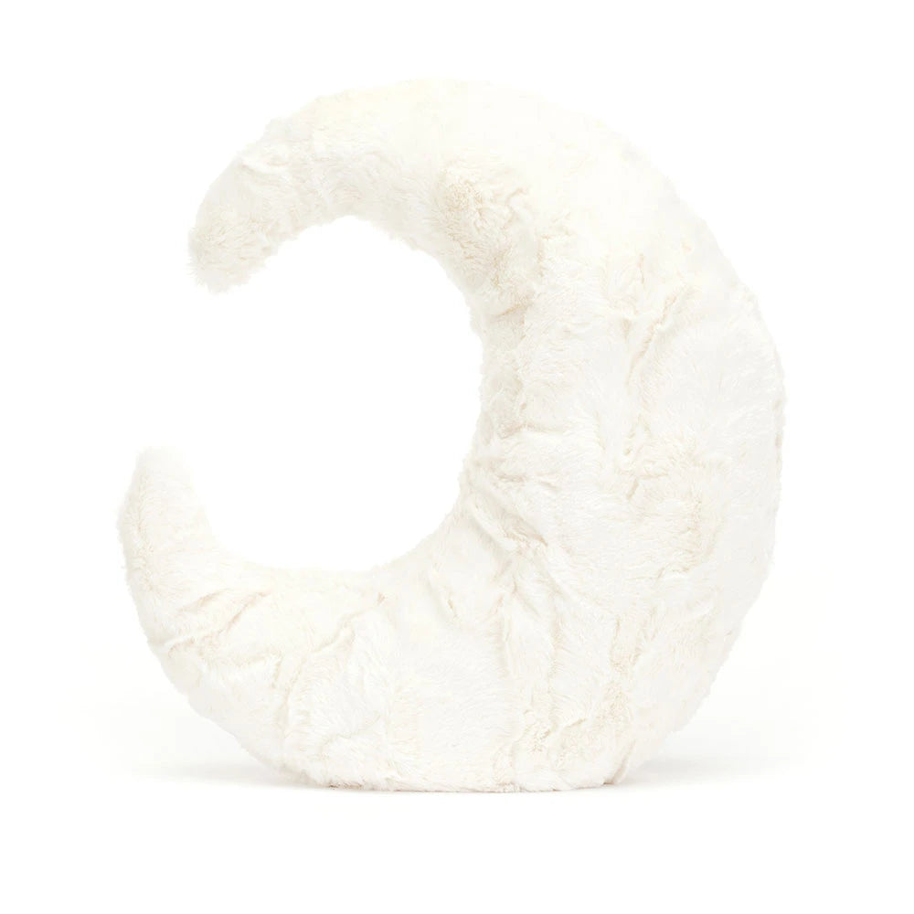 Jellycat Amuseables Moon plush toy featuring a soft white crescent shape, brown corduroy legs, and a happy stitched smile.