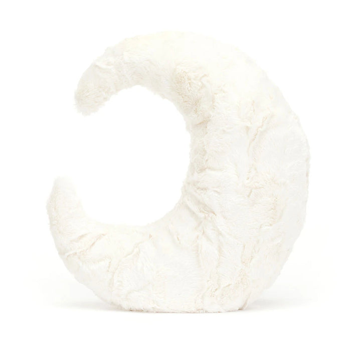 Jellycat Amuseables Moon plush toy featuring a soft white crescent shape, brown corduroy legs, and a happy stitched smile.