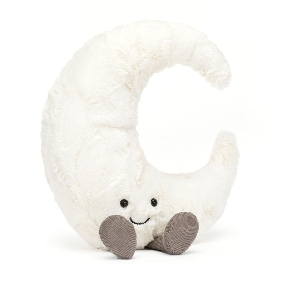 Jellycat Amuseables Moon plush toy featuring a soft white crescent shape, brown corduroy legs, and a happy stitched smile.