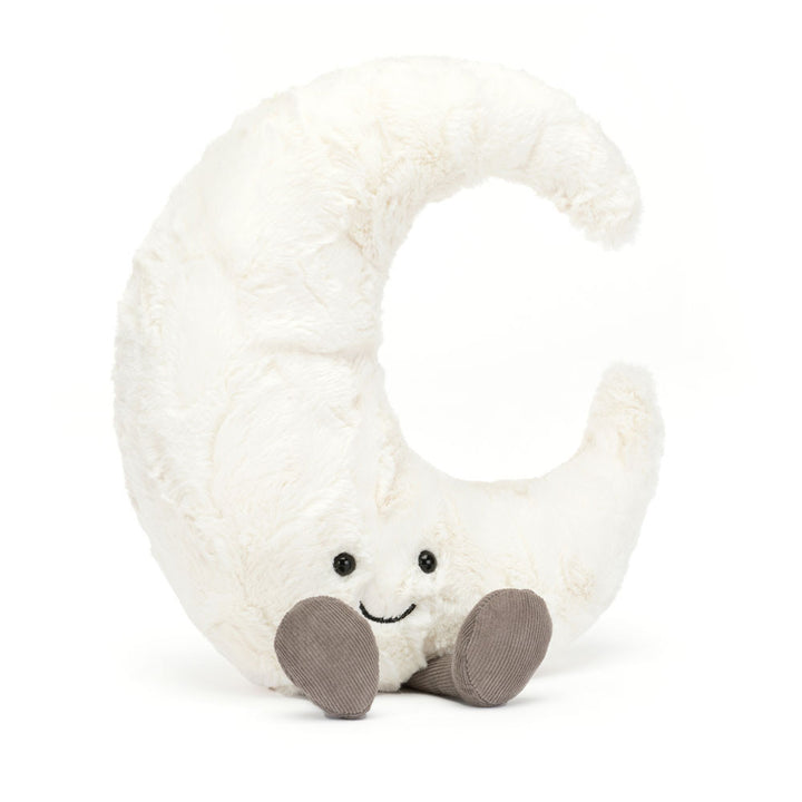 Jellycat Amuseables Moon plush toy featuring a soft white crescent shape, brown corduroy legs, and a happy stitched smile.