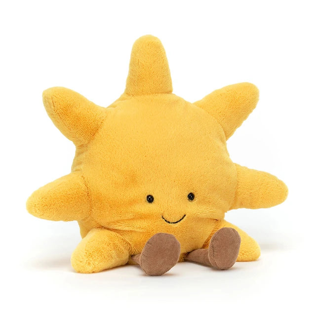 Bright yellow Jellycat Amuseables Sun plush with soft rays and brown corduroy legs.