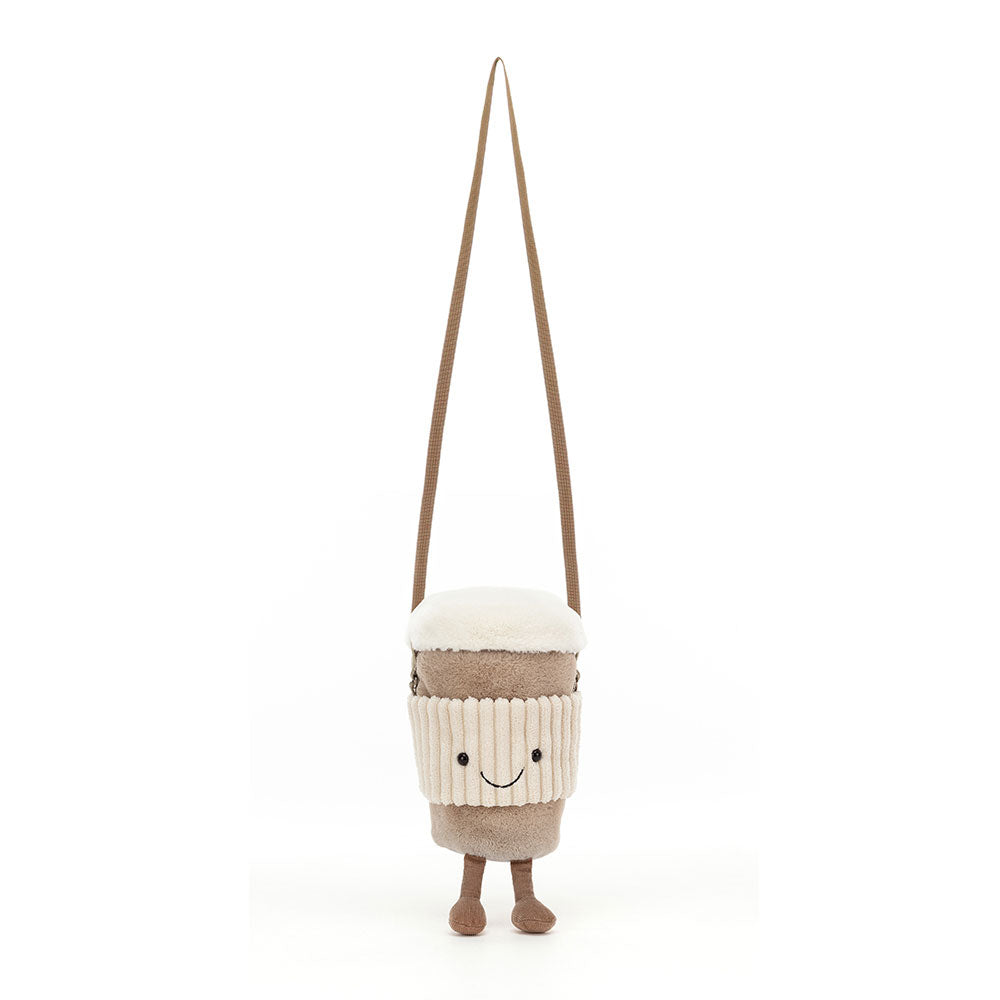 Jellycat Amuseables Coffee Bag open showing interior with adjustable crossbody strap