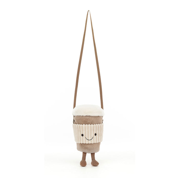 Jellycat Amuseables Coffee Bag open showing interior with adjustable crossbody strap