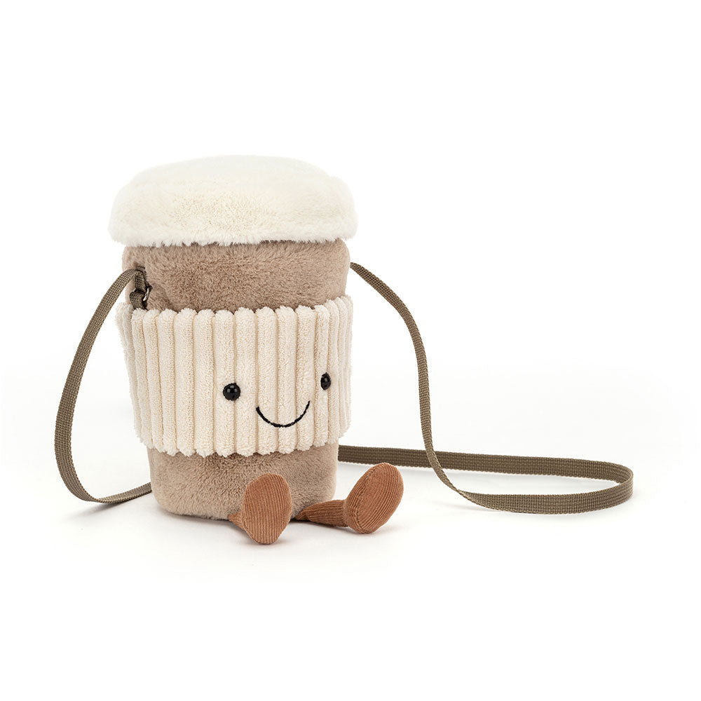 Jellycat Amuseables Perkle Coffee Bag crossbody purse with embroidered face and dangling legs, front view
