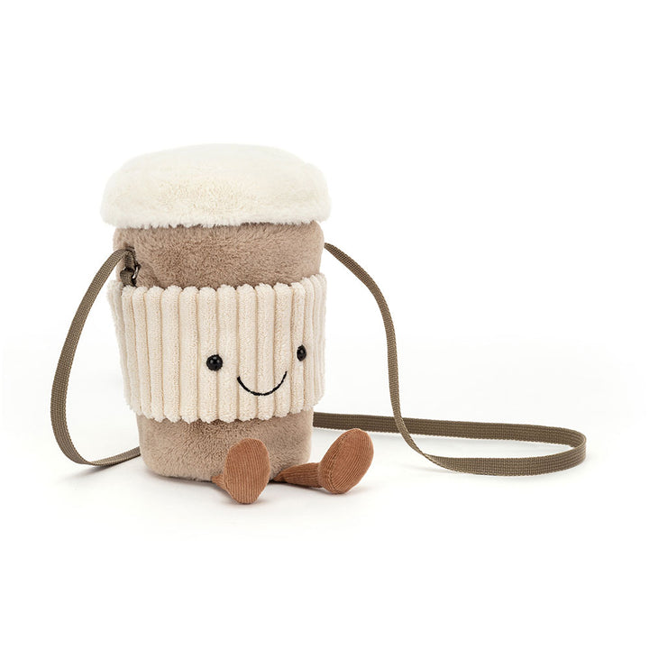 Jellycat Amuseables Perkle Coffee Bag crossbody purse with embroidered face and dangling legs, front view