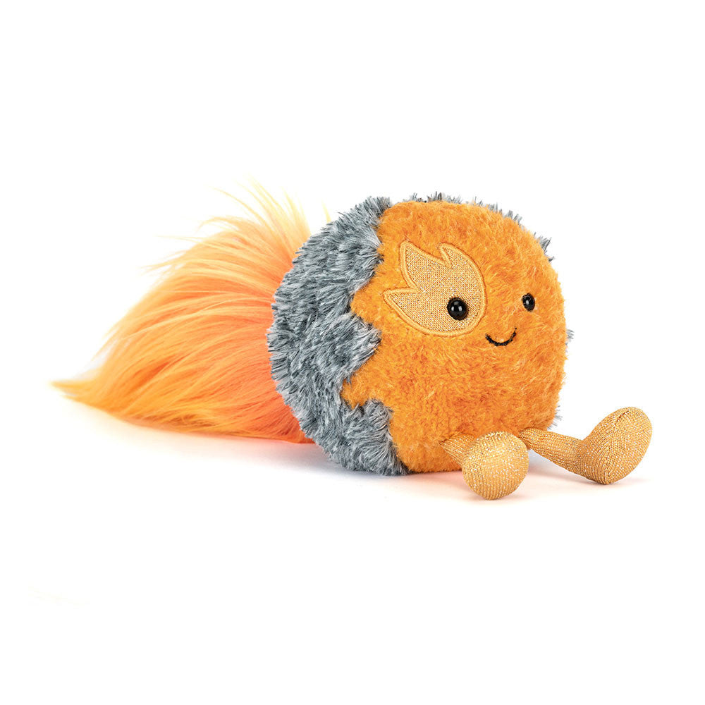 Jellycat Amuseables Space Comet plush toy with a friendly face, orange and gray textured body, and a vibrant trailing comet tail.