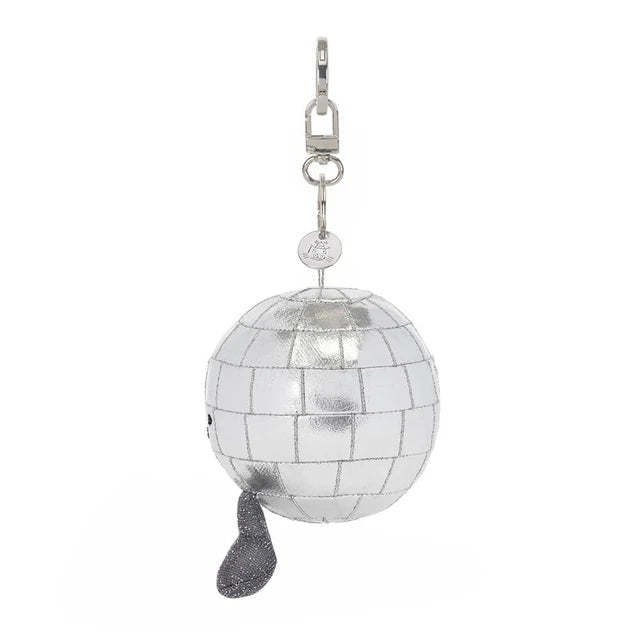 Jellycat Amuseables Disco Ball Bag Charm — soft disco ball plush charm with reflective panels and a cheerful expression.