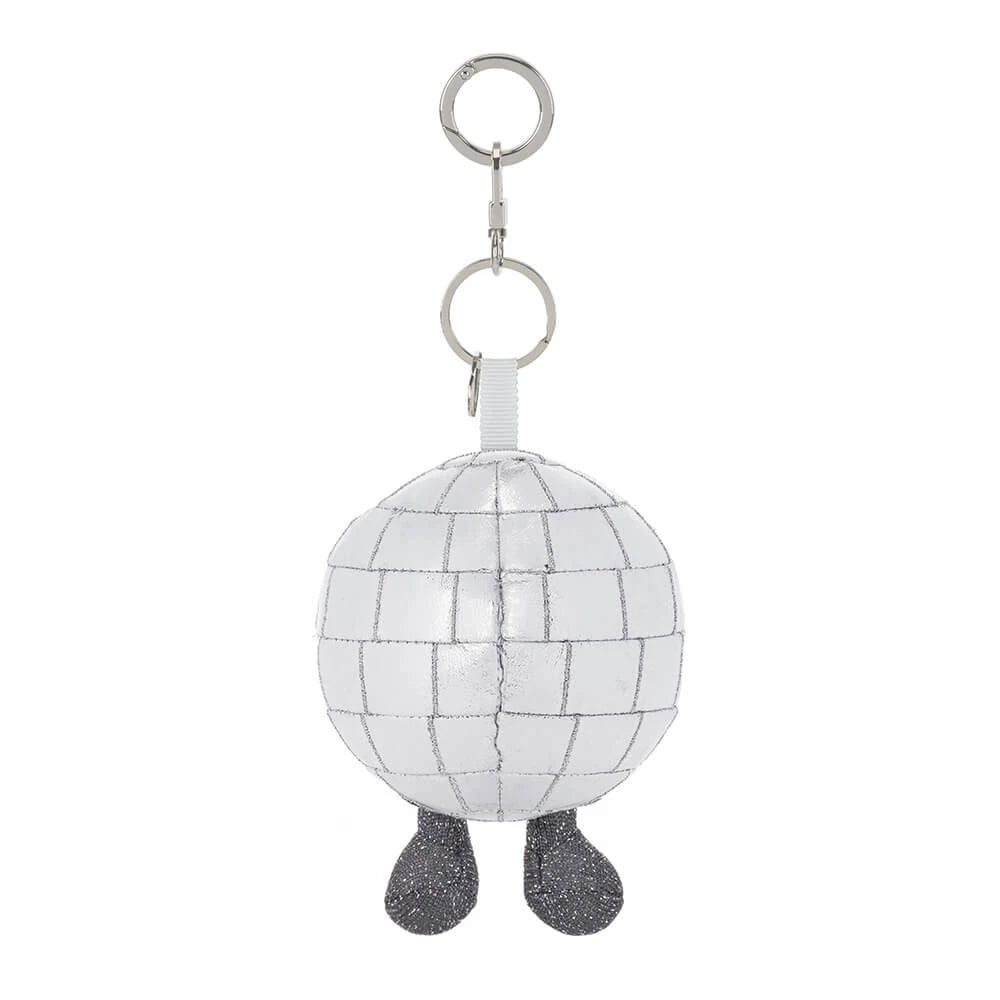 Jellycat Amuseables Disco Ball Bag Charm — sparkly plush disco ball keychain charm clipped to a bag.