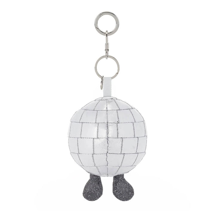 Jellycat Amuseables Disco Ball Bag Charm — sparkly plush disco ball keychain charm clipped to a bag.