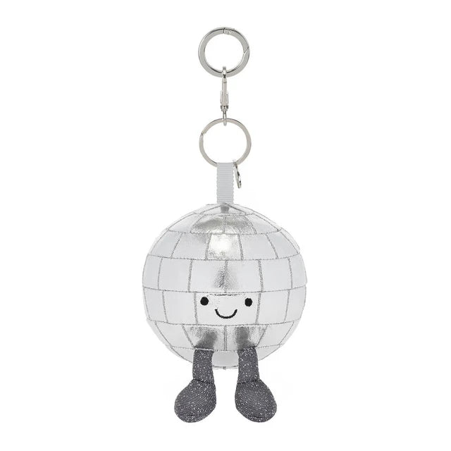 Jellycat Amuseables Disco Ball Bag Charm — glittery mirrored disco ball plush bag charm with a smiling face.
