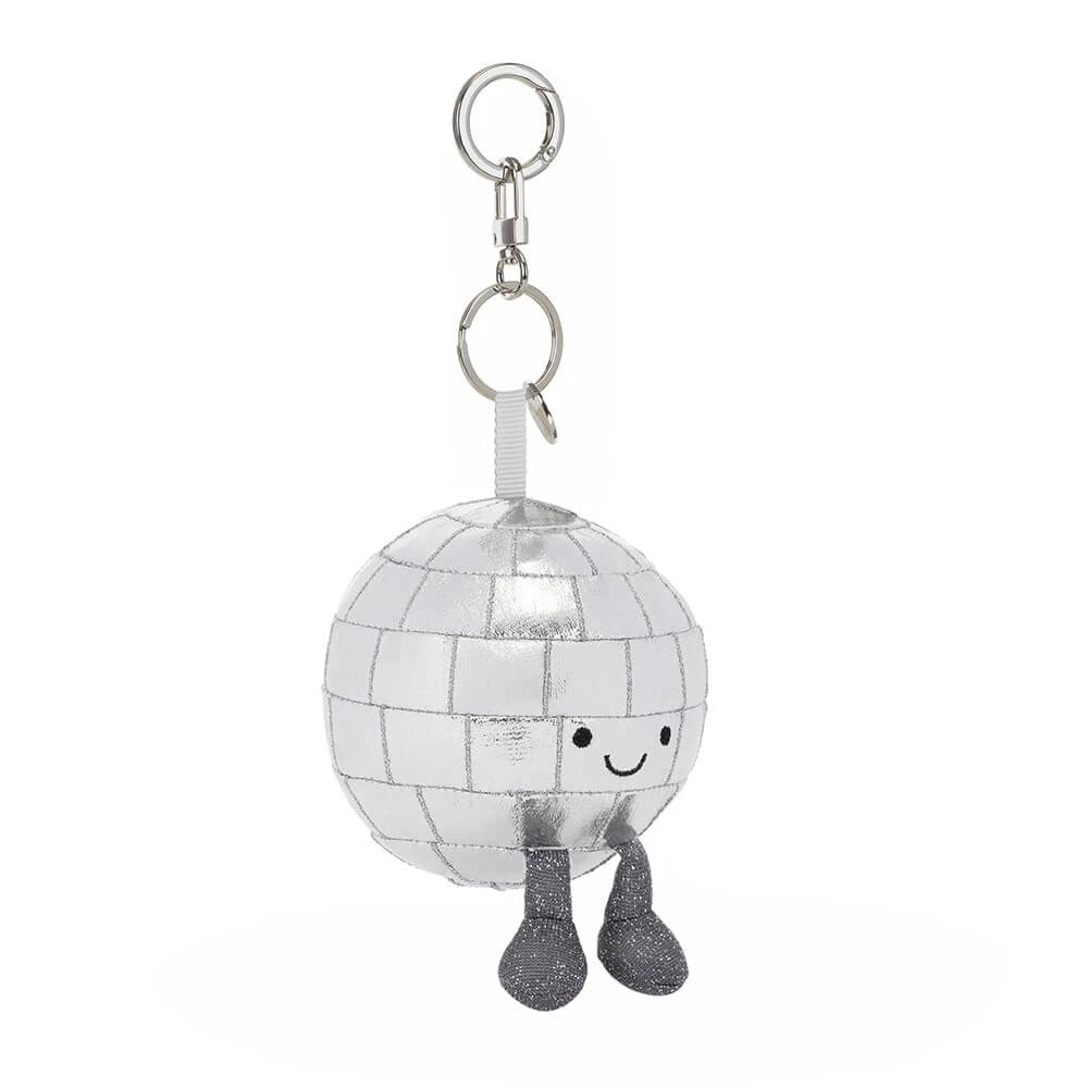 Jellycat Amuseables Disco Ball Bag Charm — a soft, sparkly mirrored disco ball plush with a smiling face and clip.