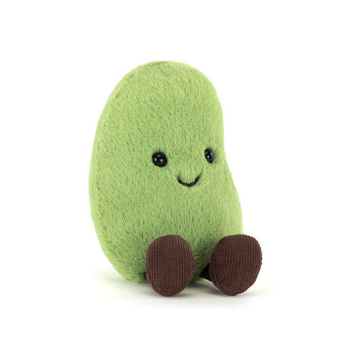 Jellycat Amuseables Soyella Edamame Bean plush toy featuring a vibrant green textured finish and a cute smiling face.
