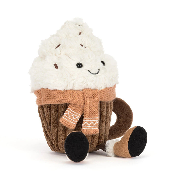 Jellycat Amuseables Scarffles Hot Chocolate plush mug with scarf and boots front view