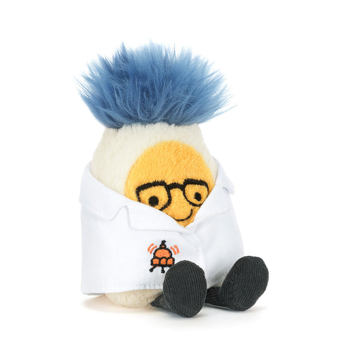 Jellycat Amuseables Boiled Egg plush wearing a white scientist lab coat and goggles with fuzzy blue hair.