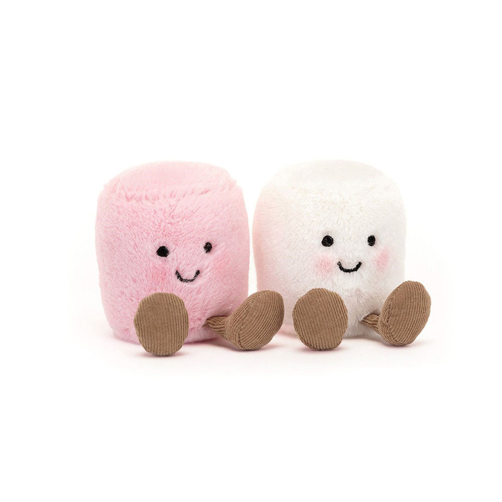Jellycat Amuseables Pink and White Marshmallow plush duo with smiling faces and brown corduroy boots.