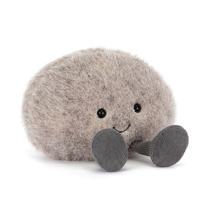 Jellycat Amuseables Pebble; a small gray plush rock toy with a smiling face and tiny cordy legs.