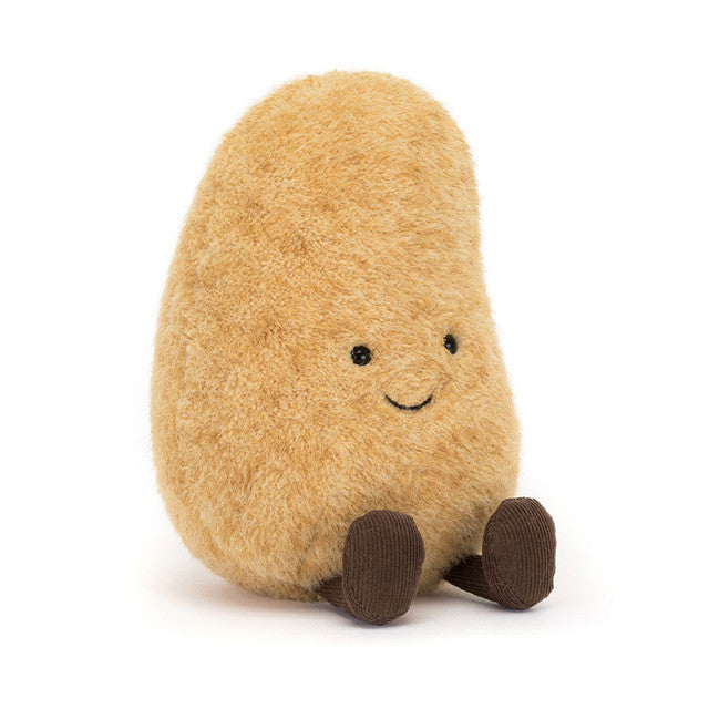 Jellycat Amuseables Graham Potato plush toy highlighting its textured brown potato-shaped body, dangling corduroy legs, and cute smiling face.