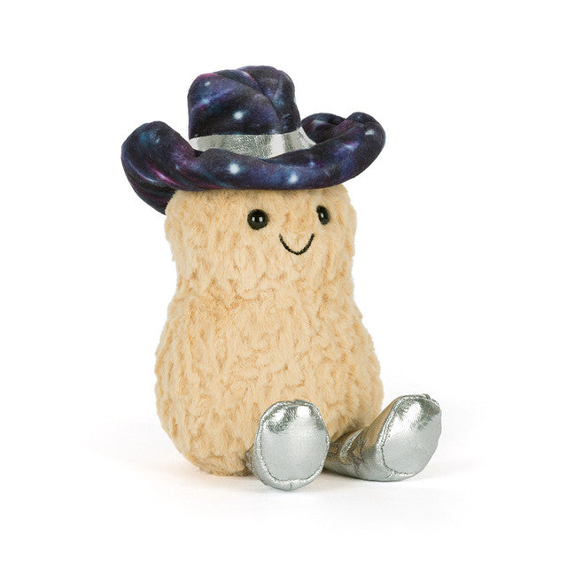 Jellycat Amuseables Peanut plush wearing a silver space rodeo outfit with a metallic finish and cosmic details.