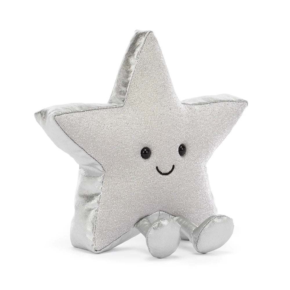 Jellycat Amuseables Silver Star — a soft, shimmering silver star plush with a smiling face, a 2026 holiday keepsake from Bella Gifts from the Heart.