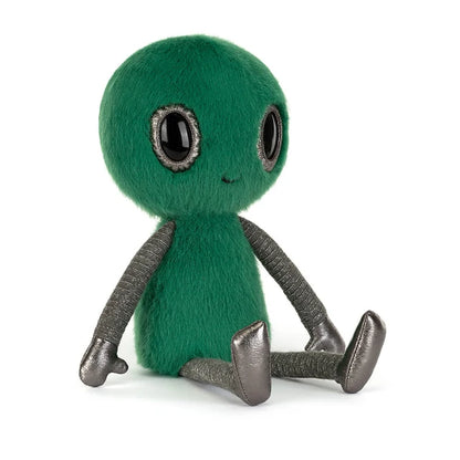 Jellycat Zyllan Alien plush with bright green fur, long flexible limbs, and a friendly face.