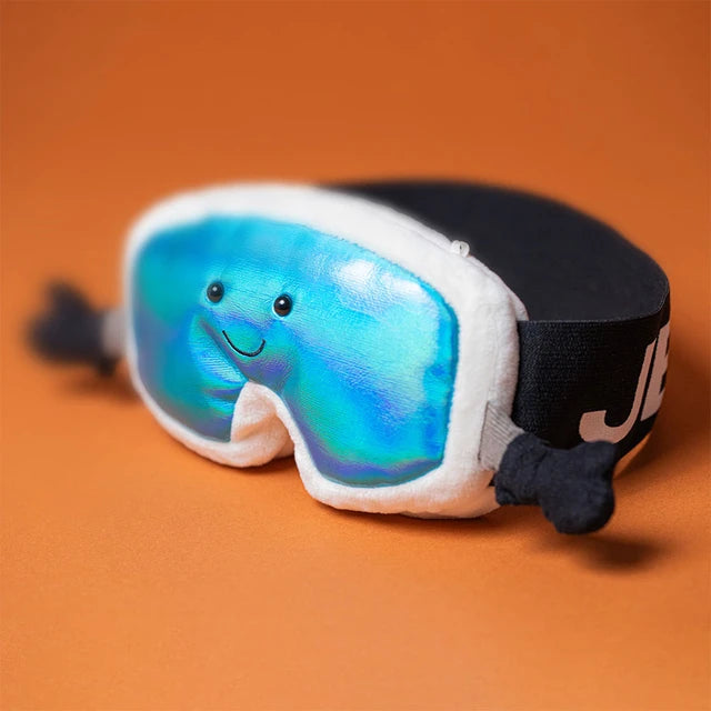 Jellycat Amuseables Sports Ski Club Goggles plush — a smiling pair of winter ski goggles with blue-tinted lenses.