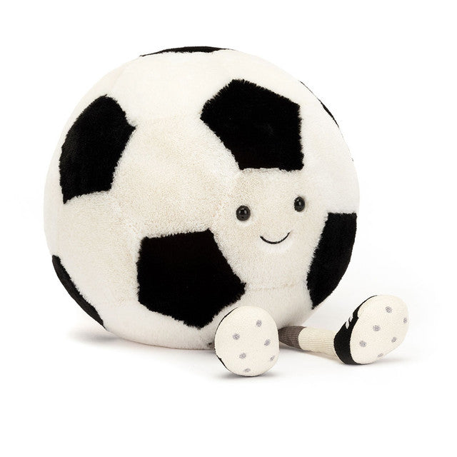 Jellycat Amuseables Sports Soccer Ball plush toy; a black and white stuffed soccer ball with a smiling face and brown corduroy legs.