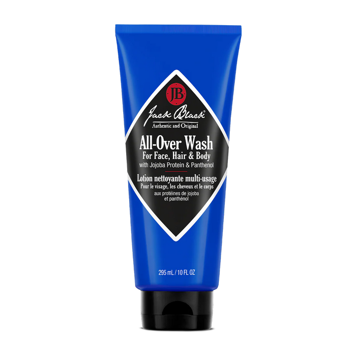 Jack Black All-Over Wash for Face, Hair, and Body 10oz bottle featuring a premium blue design with a clean pump dispenser.