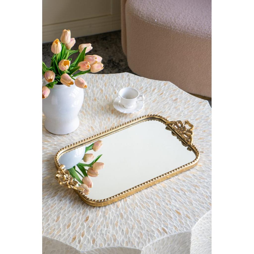 Ornate Gold Iron Tray with Mirrored Surface