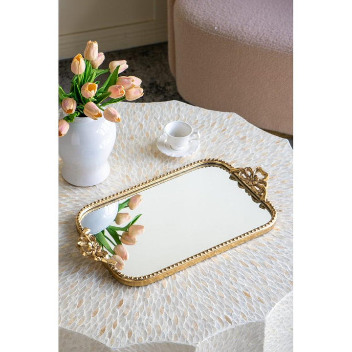 Ornate Gold Iron Tray with Mirrored Surface