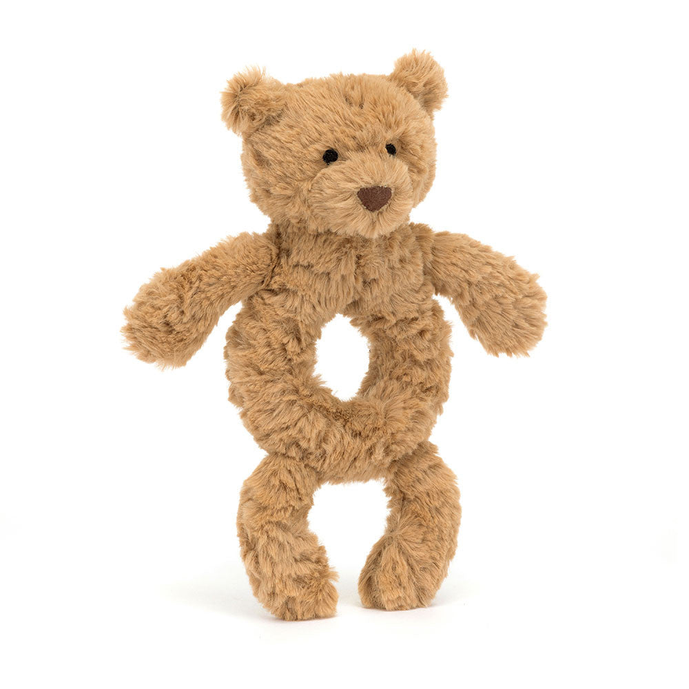 Jellycat Bartholomew Bear Ring Rattle; a textured brown plush teddy bear ring rattle for infants.