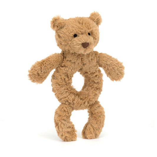Jellycat Bartholomew Bear Ring Rattle; a textured brown plush teddy bear ring rattle for infants.