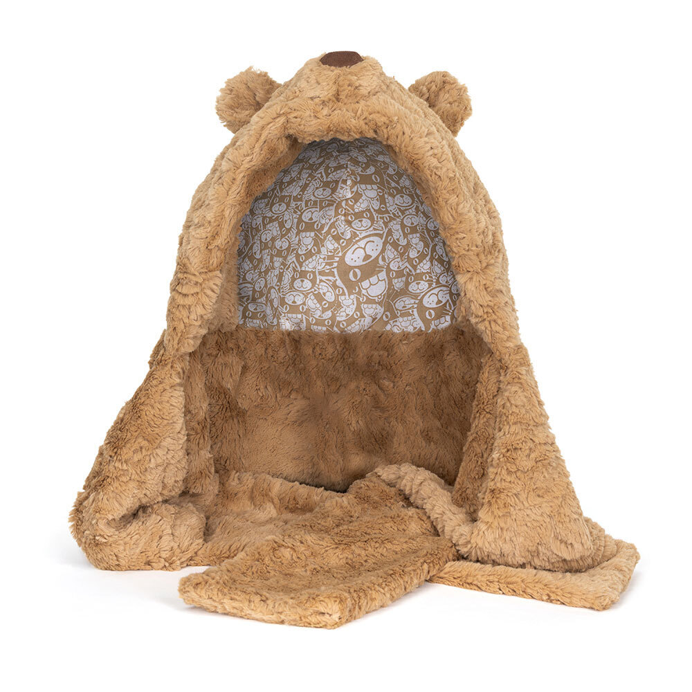 Jellycat Bartholomew Bear Bundlesnug featuring a soft hood-scarf hybrid design with fluffy bear ears.