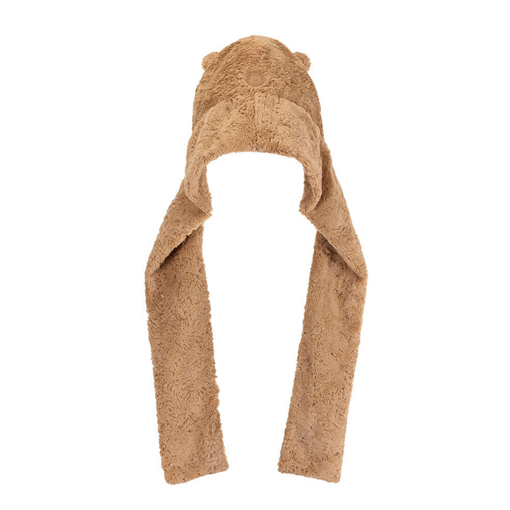 Jellycat Bartholomew Bear Bundlesnug featuring a soft hood-scarf hybrid design with fluffy bear ears.
