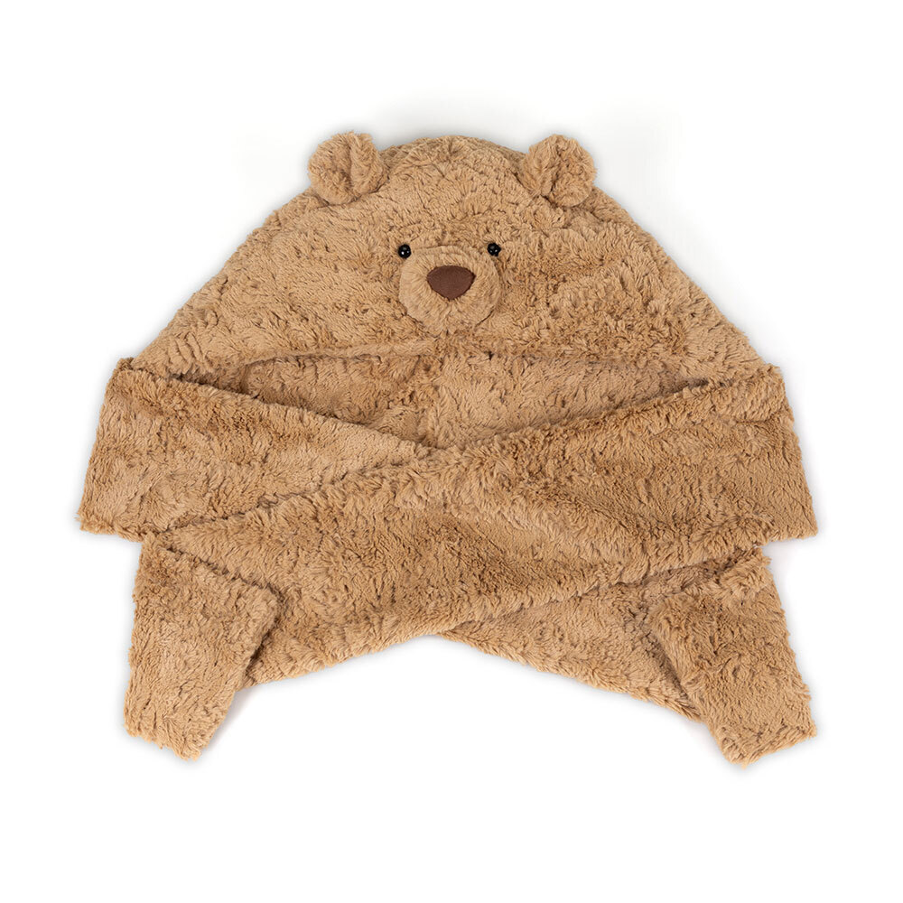 Jellycat Bartholomew Bear Bundlesnug featuring a soft hood-scarf hybrid design with fluffy bear ears.