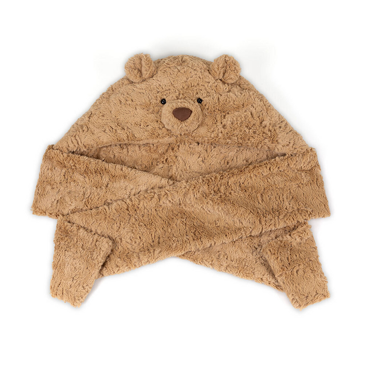 Jellycat Bartholomew Bear Bundlesnug featuring a soft hood-scarf hybrid design with fluffy bear ears.