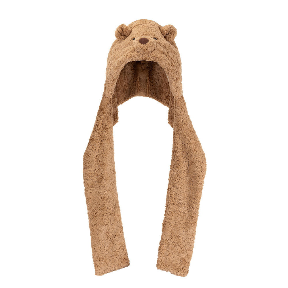 Jellycat Bartholomew Bear Bundlesnug featuring a soft hood-scarf hybrid design with fluffy bear ears.