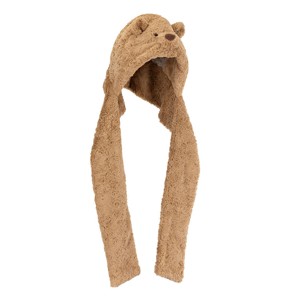 Jellycat Bartholomew Bear Bundlesnug featuring a soft hood-scarf hybrid design with fluffy bear ears.